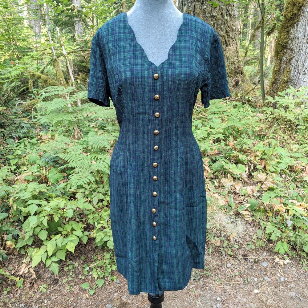 Vintage 90s Plaid Button Front Mini Dress 5/6 Grunge Academia Scalloped Sheath